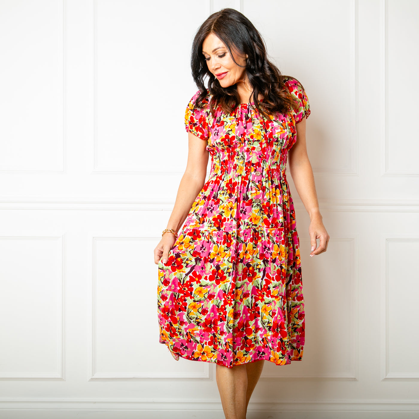 The floral red Printed Button Midi Dress featuring a beautiful colourful flower print, perfect for summer